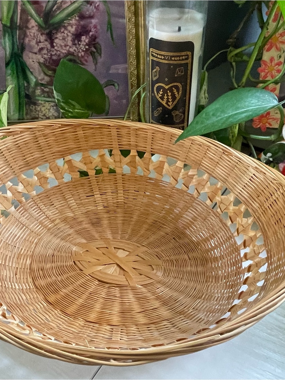 Vintage Boho Wicker Bread Basket | 12x7 Rattan Fruit Bowl Cottagecore Accent - Picture 4 of 4